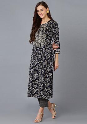 Black Printed Silk Blend Kurta Set