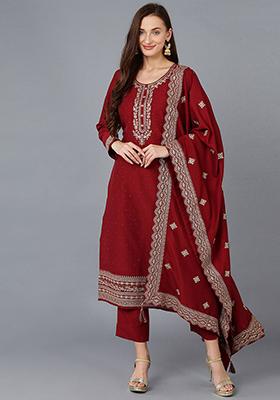 Maroon Solid Silk Blend Kurta Set