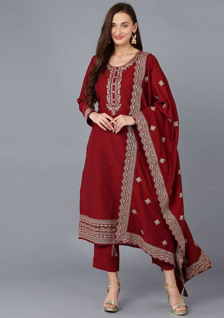 Maroon Embroidered Blended Straight Kurta Set - Indya