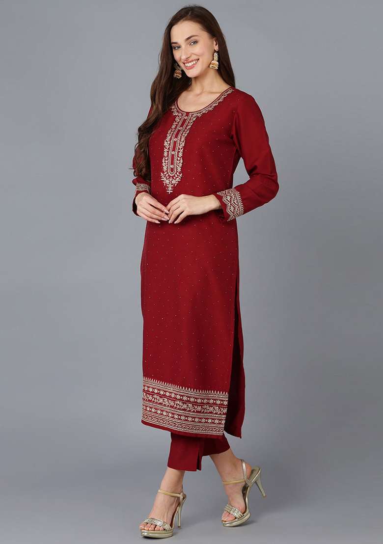 Maroon Embroidered Blended Straight Kurta Set - Indya