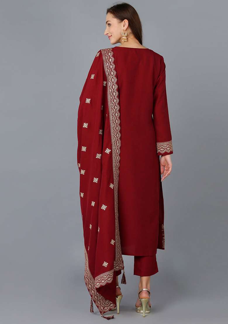 Maroon Embroidered Blended Straight Kurta Set - Indya