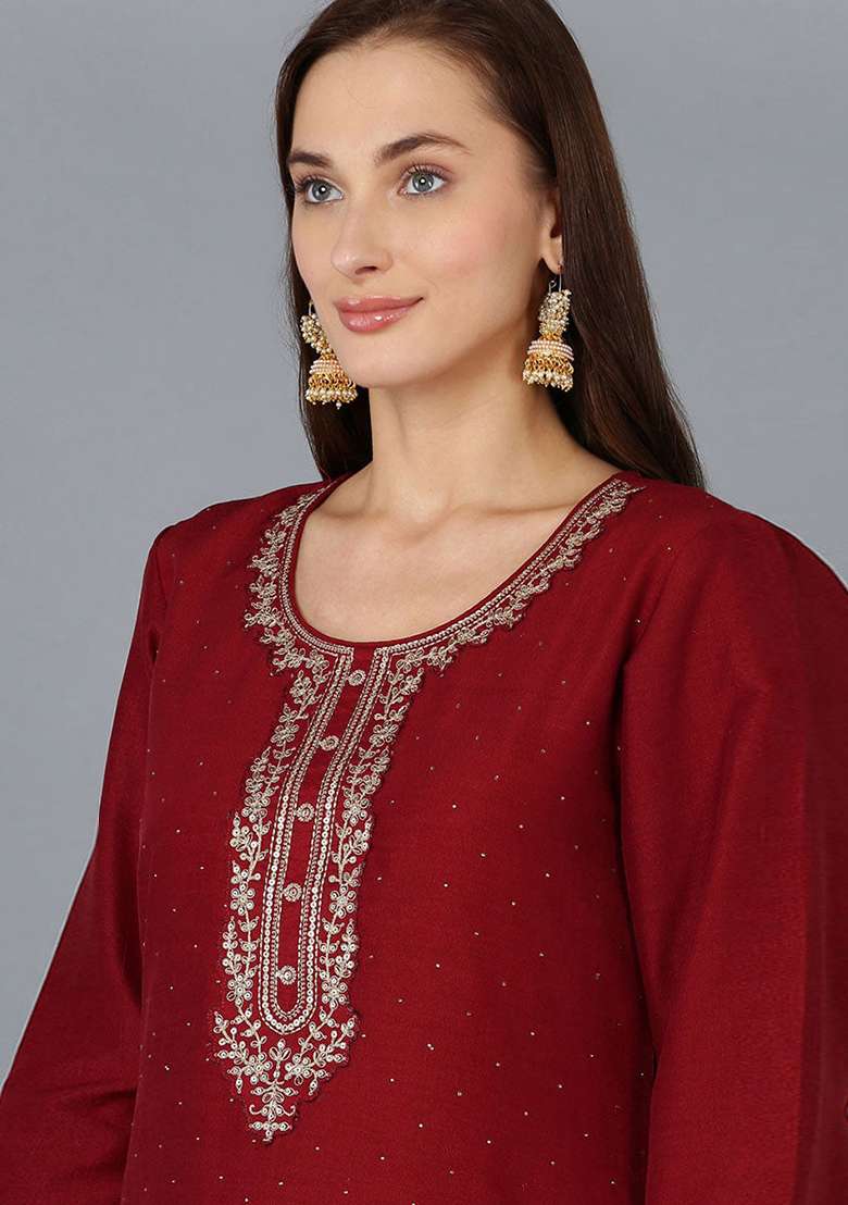 Maroon Embroidered Blended Straight Kurta Set - Indya