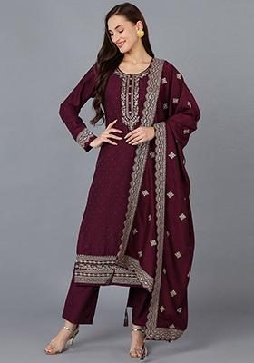 Burgundy Solid Silk Blend Kurta Set