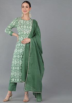 Green Printed Cotton Kurta Set
