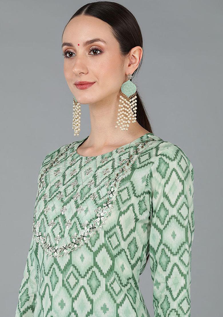 Green Printed Cotton Kurta Set - Indya