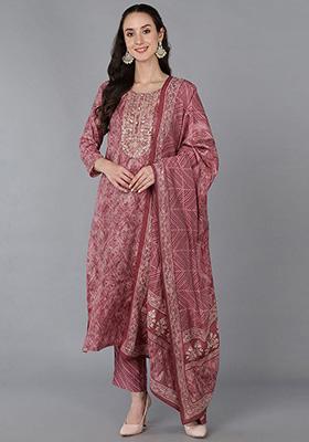 Pink Printed Silk Blend Kurta Set