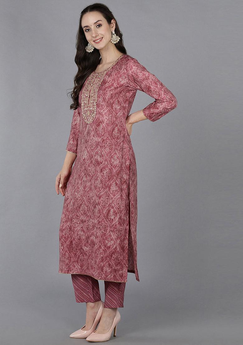 Pink Printed Silk Blend Kurta Set