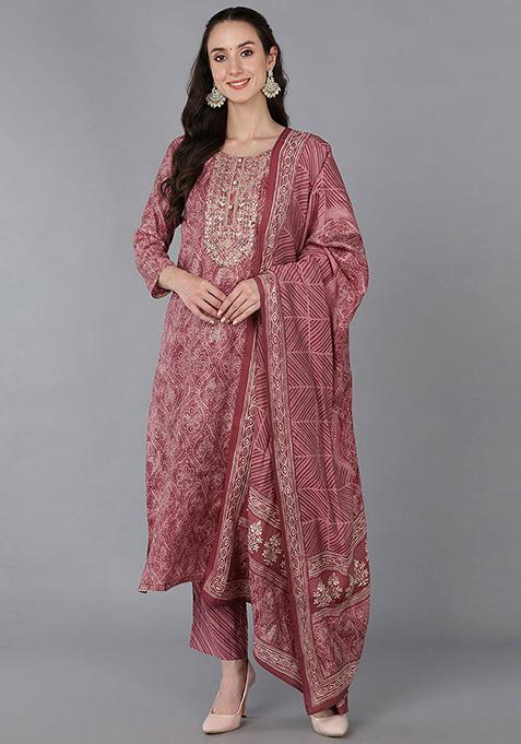 Pink Printed Silk Blend Kurta Set