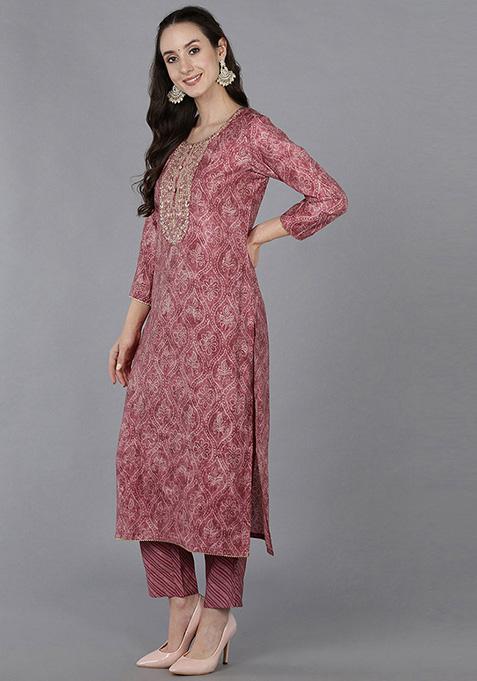 Pink Printed Silk Blend Kurta Set