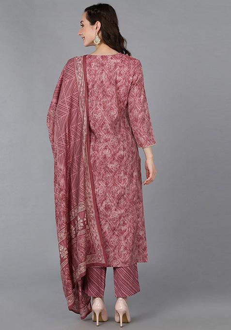 Pink Printed Silk Blend Kurta Set