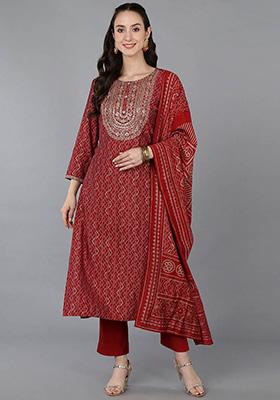 Red Printed Silk Blend Kurta Set