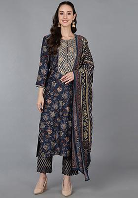 Blue Printed Silk Blend Kurta Set