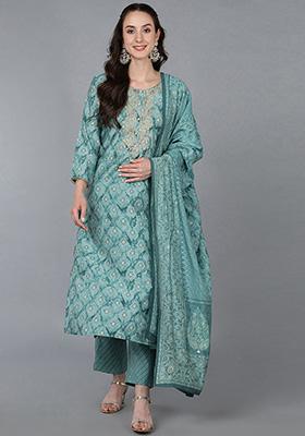 Sea Green Embroidered Silk Blend Kurta Set