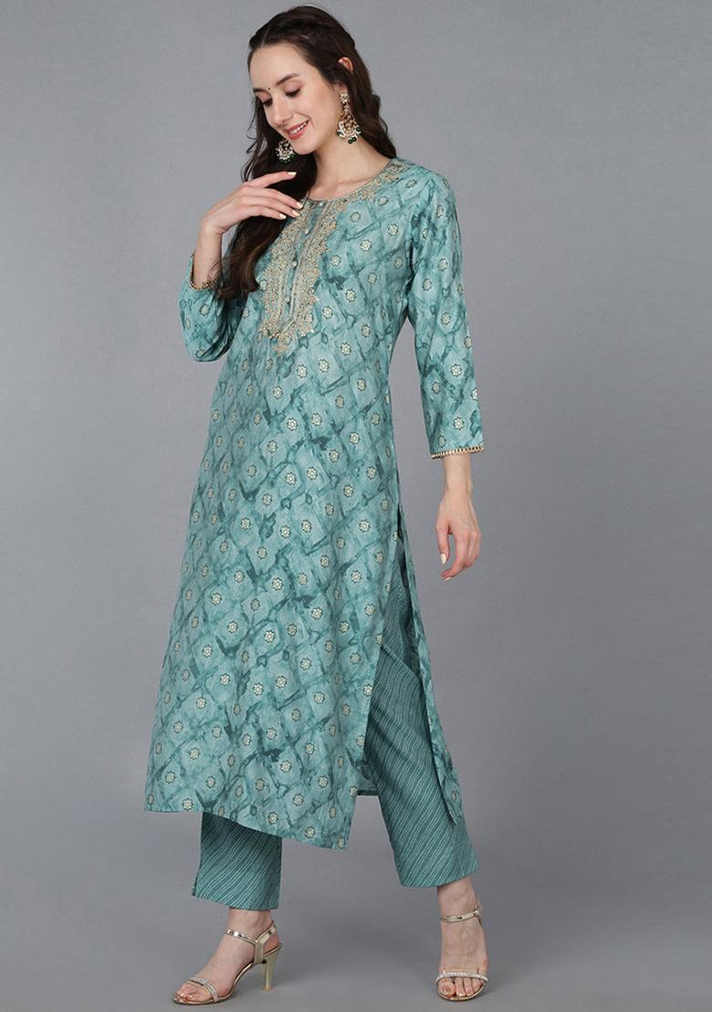 Sea Green Embroidered Silk Blend Kurta Set