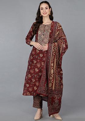 Maroon Printed Silk Blend Kurta Set