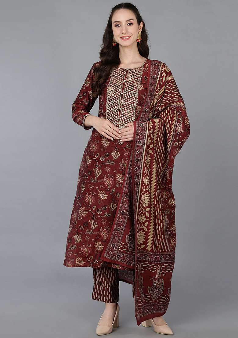 Maroon Printed Blended Straight Kurta Set - Indya