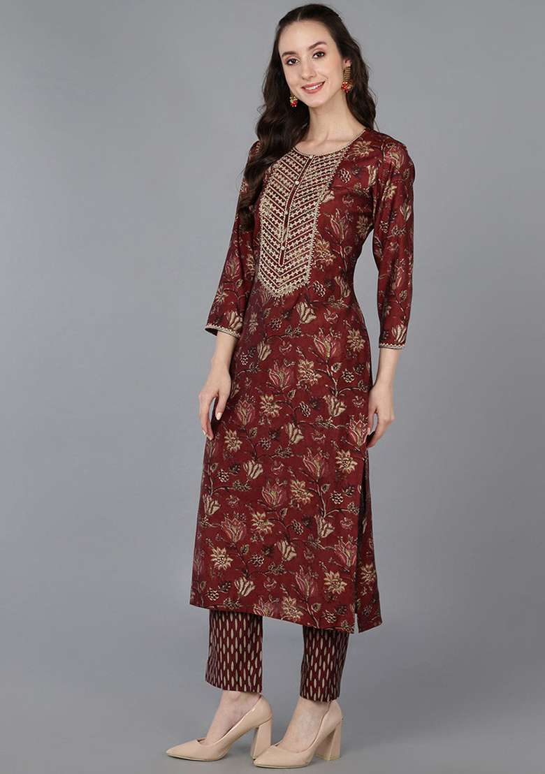 Maroon Printed Blended Straight Kurta Set - Indya