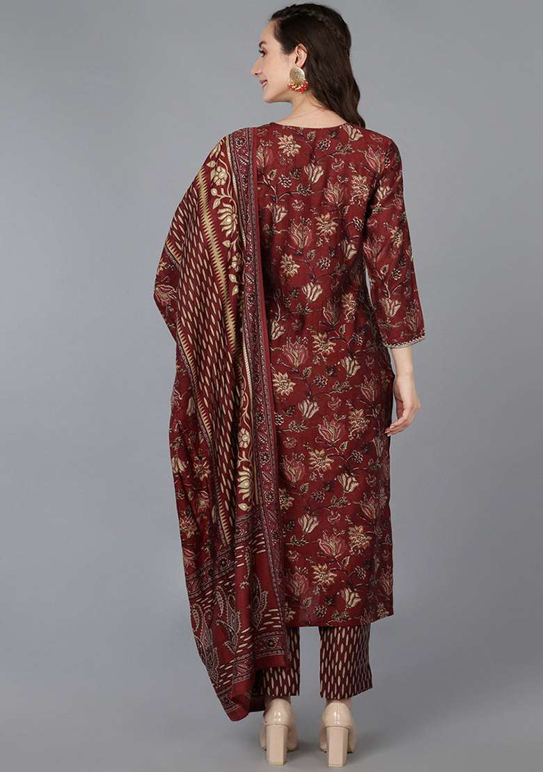 Maroon Printed Blended Straight Kurta Set - Indya