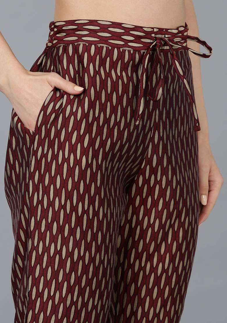Maroon Printed Blended Straight Kurta Set - Indya