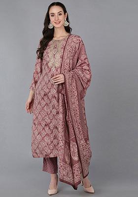 Mauve Embroidered Silk Blend Kurta Set