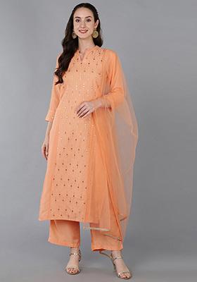 Peach Solid Silk Blend Kurta Set
