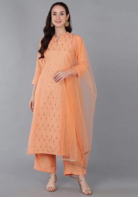 Peach Solid Silk Blend Kurta Set
