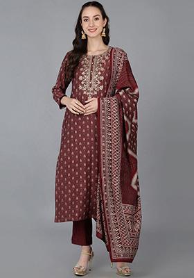 Maroon Embroidered Silk Blend Kurta Set