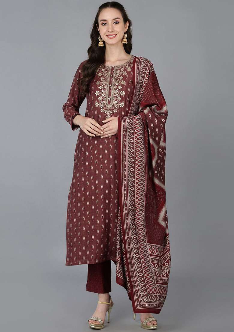Maroon Printed Blended Straight Kurta Set - Indya