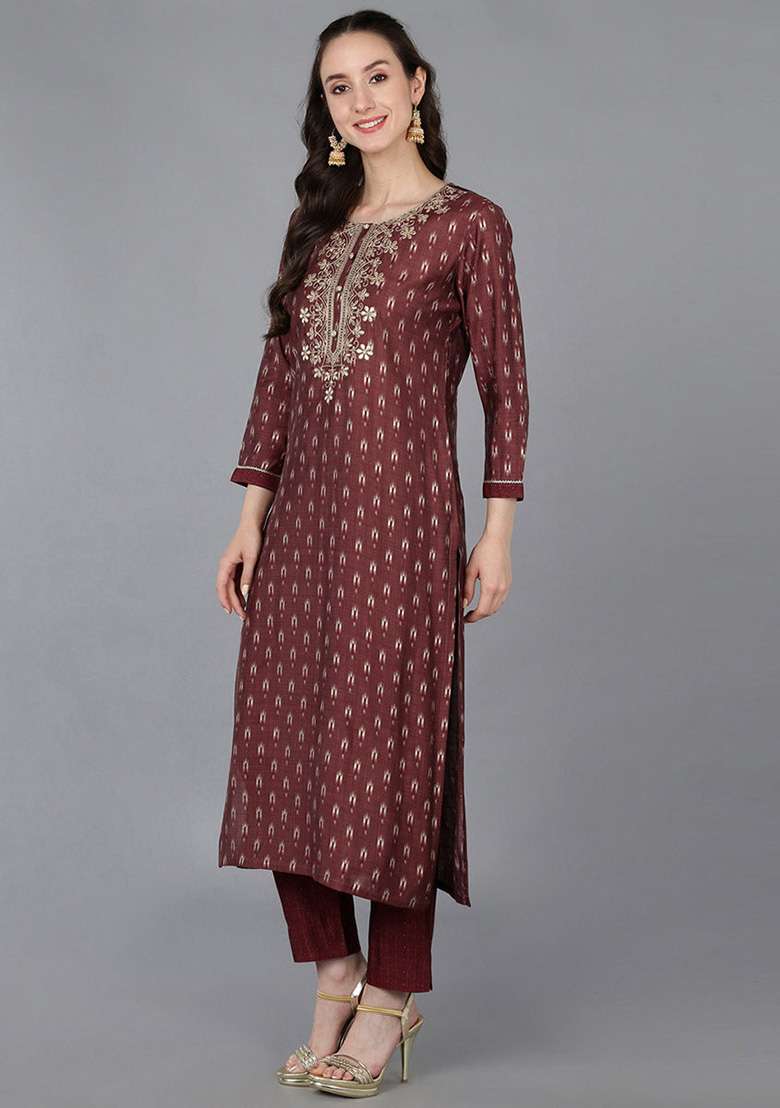 Maroon Printed Blended Straight Kurta Set - Indya