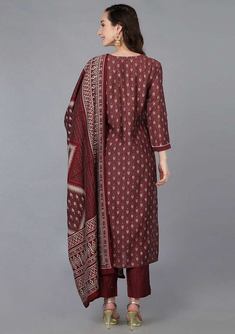 Maroon Printed Blended Straight Kurta Set - Indya