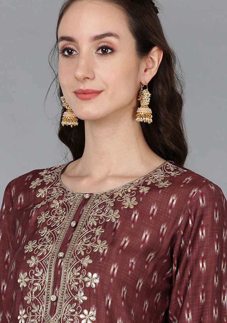 Maroon Printed Blended Straight Kurta Set - Indya
