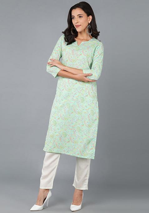 Turquoise Blue Printed Cotton Kurta