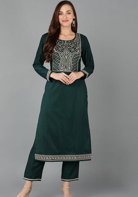 Green Printed Silk Blend Kurta