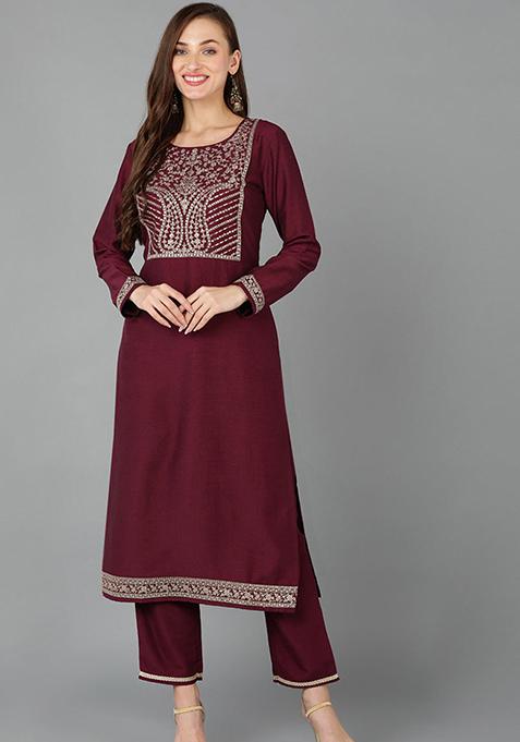 Maroon Printed Silk Blend Kurta