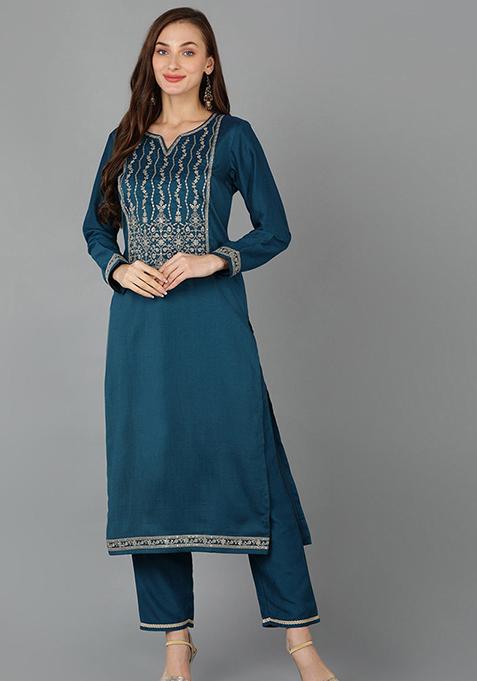 Teal Printed Silk Blend Kurta