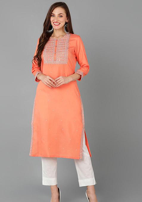 Peach Printed Cotton Blend Kurta