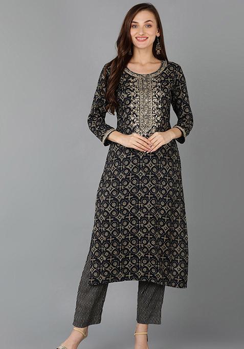 Teal Printed Cotton Blend Kurta