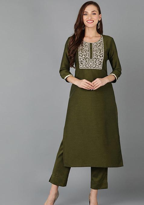 Olive Printed Silk Blend Kurta