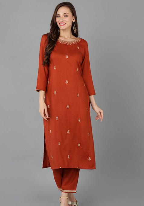 Rust Embroidered Silk Blend Kurta