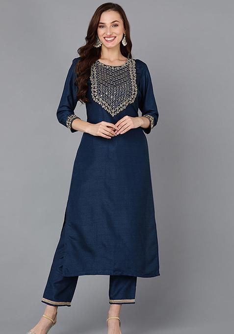 Navy Blue Printed Silk Blend Kurta