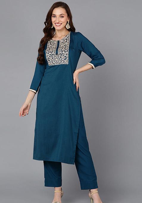 Teal Printed Silk Blend Kurta