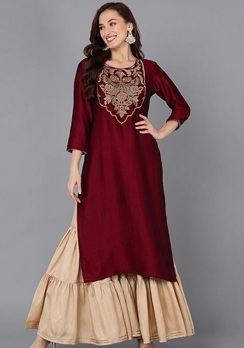 Maroon Printed Silk Blend Kurta