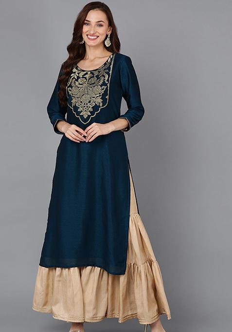 Teal Yoke Design Silk Blend Kurta