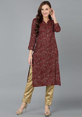 Maroon Printed Silk Blend Kurta