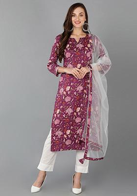 Purple Printed Rayon Blend Kurta Set
