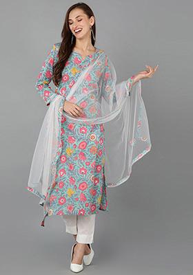 Sea Green Printed Rayon Blend Kurta Set