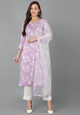 Purple Printed Rayon Blend Kurta Set