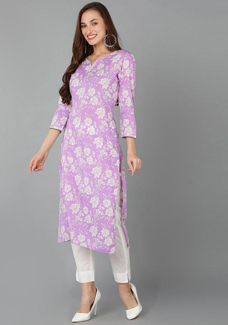 Purple Printed Rayon Blend Kurta Set