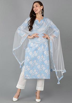 Blue Printed Rayon Blend Kurta Set
