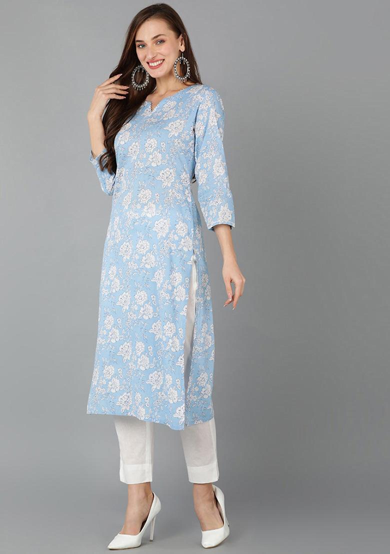 Blue Printed Rayon Blend Kurta Set